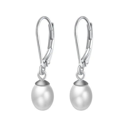 Sterling Silver/Rose Gold Leverback White Freshwater Cultured Pearl Drop Earring for Wedding Jewelry Gift for Women TWINKLE QUEEN