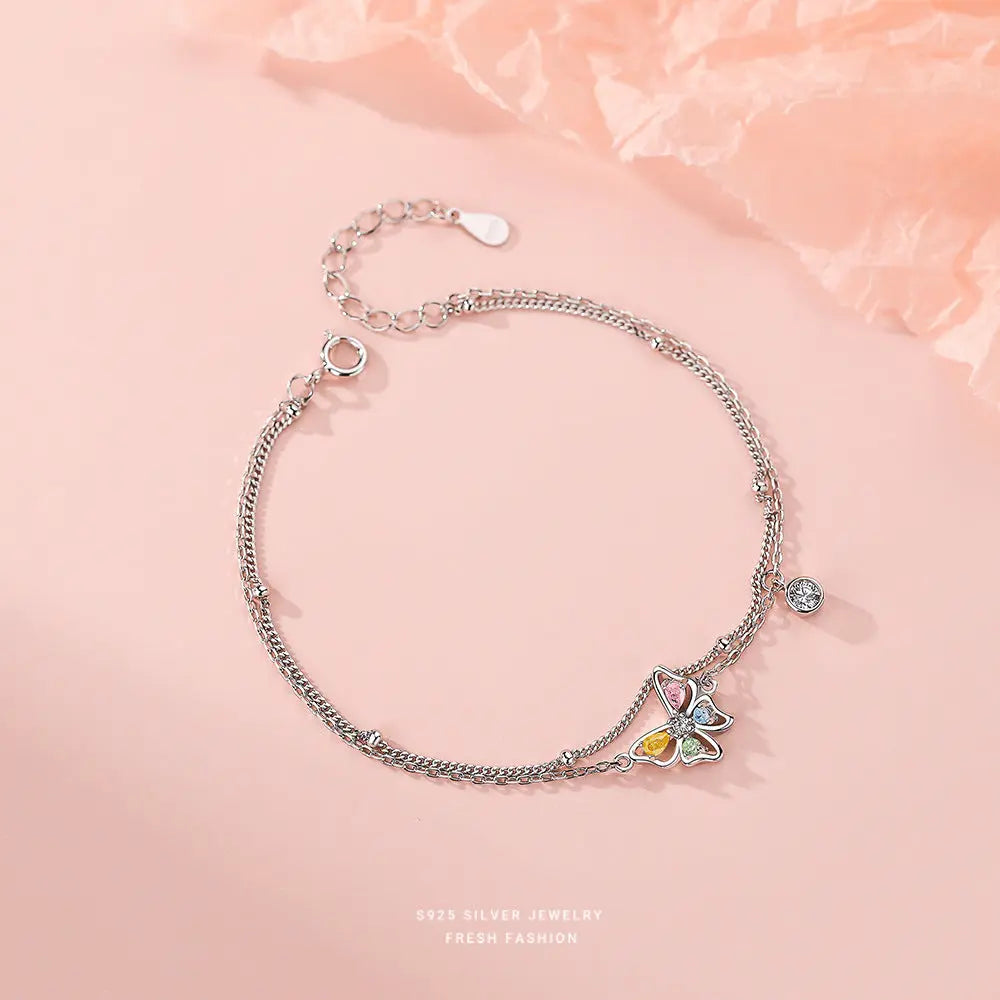 S925 Sterling Silver Flash Color Diamond Butterfly Earrings Women's Sweet ins Cute Mini Color Treasure Earrings Earrings for Hair TWINKLE QUEEN