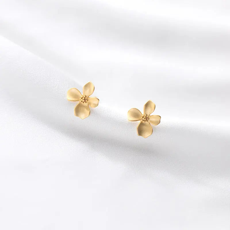 S925 Sterling Silver Vintage Light Luxury Frosted Golden Four-petal Flower Earrings for Women Korean-style Gardenia Sweet Earrings TWINKLE QUEEN