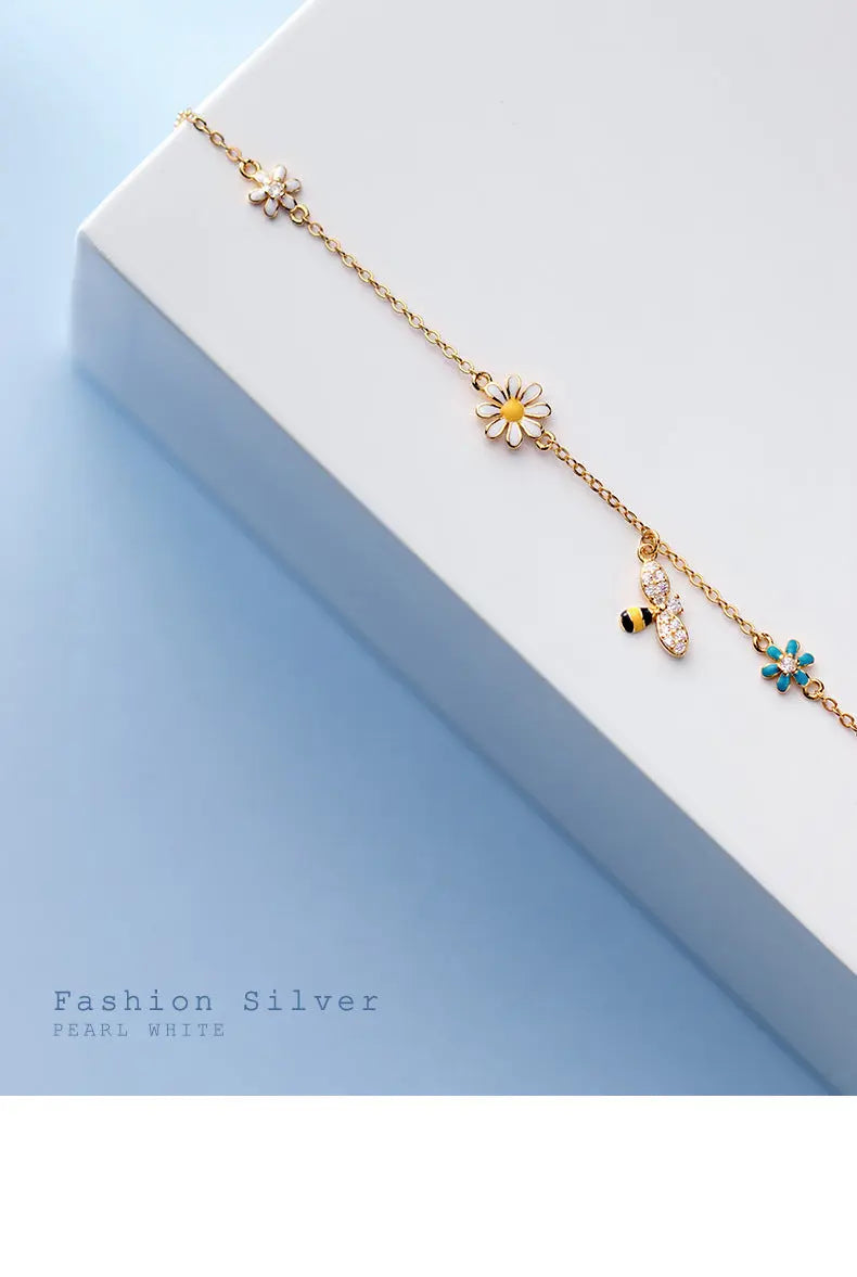 S925 Silver Mori Style Fresh Sweet Flower Bracelet Colorful Diamond Small Bee Cute Bracelet TWINKLE QUEEN