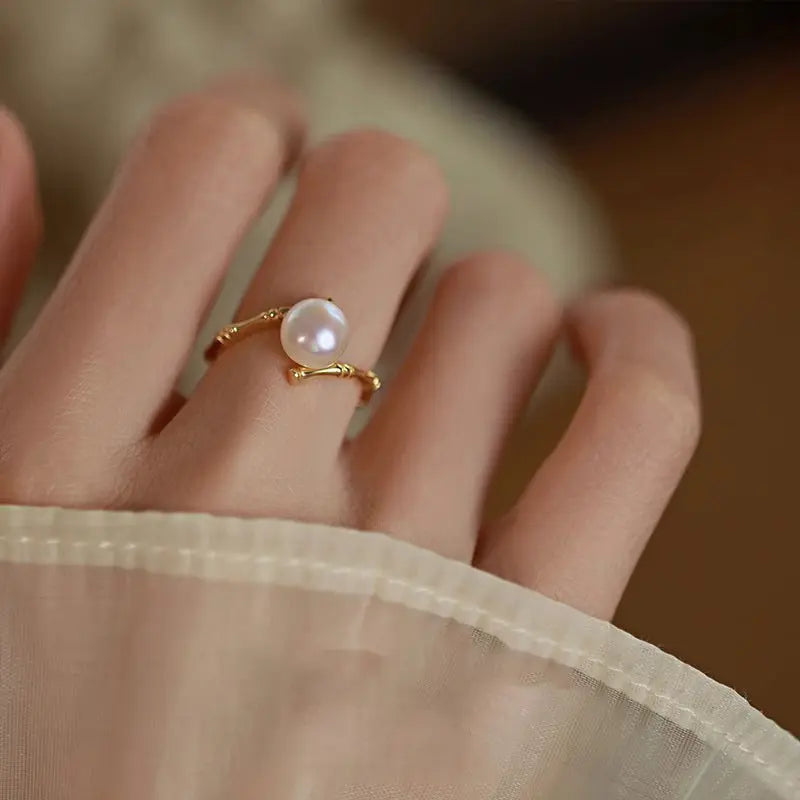 S925 Sterling Silver Pearl Bamboo Ring Index Finger Female Niche Design High-grade Antique Fashion Personality Light Luxury Opening TWINKLE QUEEN