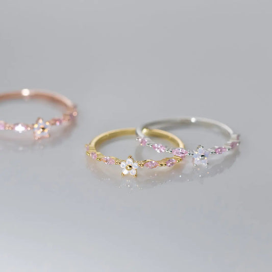 S925 Sterling Silver Diamond Five-petal Flower Ring Mori Fashion Sweet ins Style Niche Hand Jewelry TWINKLE QUEEN