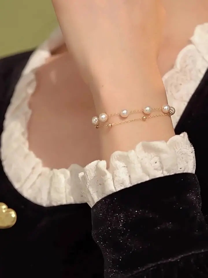 S925 Sterling Silver Jewelry Double-layer Pearl Gimmel Bracelet Women's Spring and Summer Fashion Jewelry Light Luxury High-end Color-free TWINKLE QUEEN