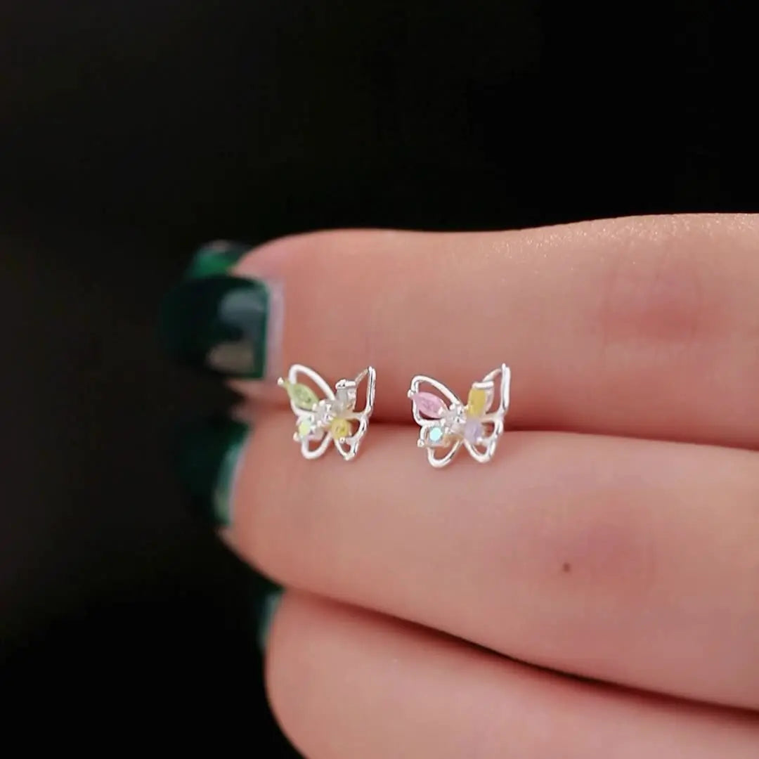 S925 Sterling Silver Flash Color Diamond Butterfly Earrings Women's Sweet ins Cute Mini Color Treasure Earrings Earrings for Hair TWINKLE QUEEN