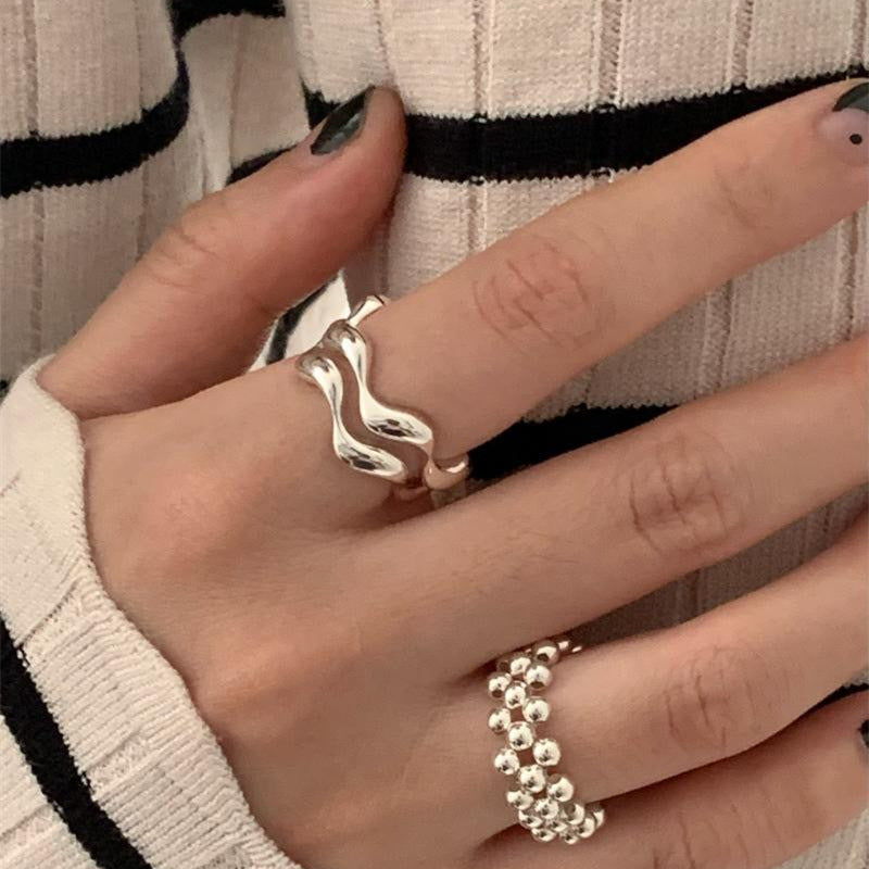 S925 Sterling Silver Wave Ring Women's ins Cold Style Stacked Open Ring Simple High-grade Index Finger Ring TWINKLE QUEEN