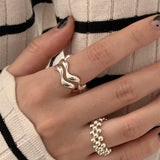 S925 Sterling Silver Wave Ring Women's ins Cold Style Stacked Open Ring Simple High-grade Index Finger Ring TWINKLE QUEEN