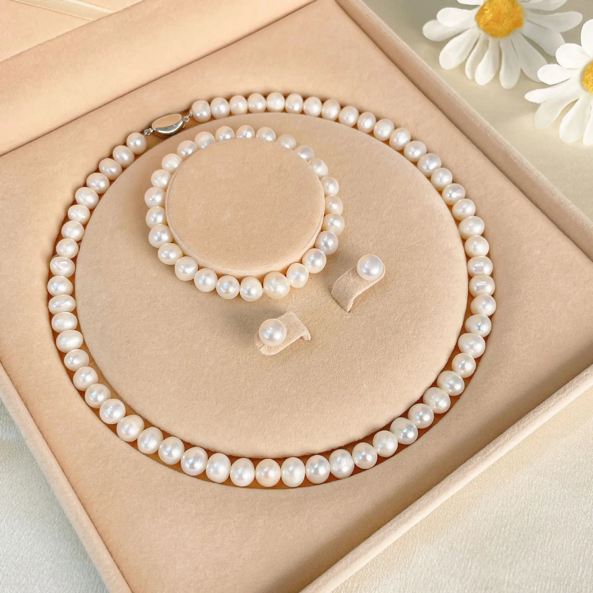 Natural Freshwater Pearl Necklace Bracelet Earring Three-Piece Set Sterling Silver  suit Mother's Day Gift TWINKLE QUEEN