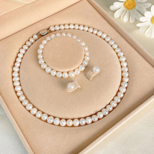 Natural Freshwater Pearl Necklace Bracelet Earring Three-Piece Set Sterling Silver  suit Mother's Day Gift TWINKLE QUEEN
