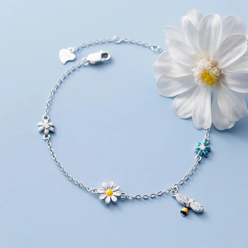 S925 Silver Mori Style Fresh Sweet Flower Bracelet Colorful Diamond Small Bee Cute Bracelet TWINKLE QUEEN