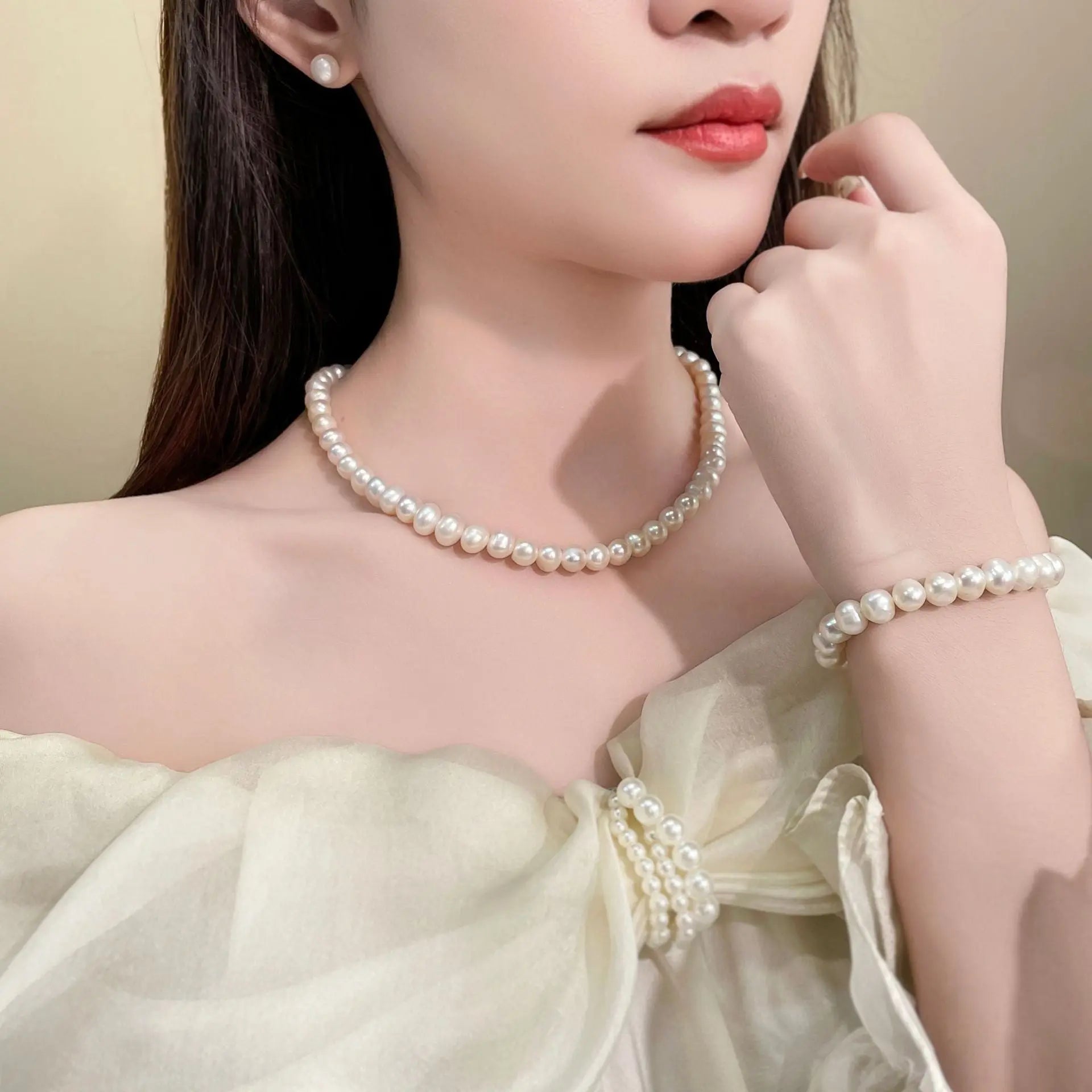 Natural Freshwater Pearl Necklace Bracelet Earring Three-Piece Set Sterling Silver  suit Mother's Day Gift TWINKLE QUEEN