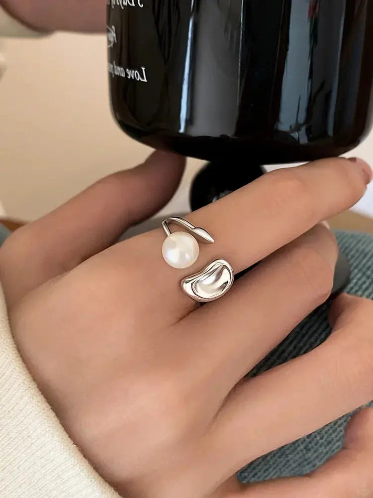 Public Design Sense Natural Pearl Ring Women's S925 Sterling Silver Korean Style Simple Light Luxury Bean Open Ring TWINKLE QUEEN