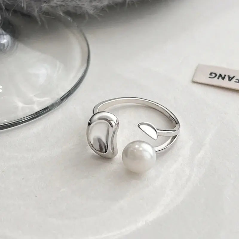Public Design Sense Natural Pearl Ring Women's S925 Sterling Silver Korean Style Simple Light Luxury Bean Open Ring TWINKLE QUEEN