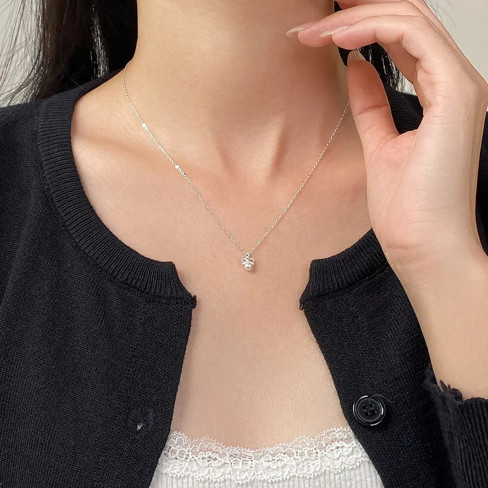 S925 silver fresh and sweet ins style niche design personality bow bead necklace TWINKLE QUEEN