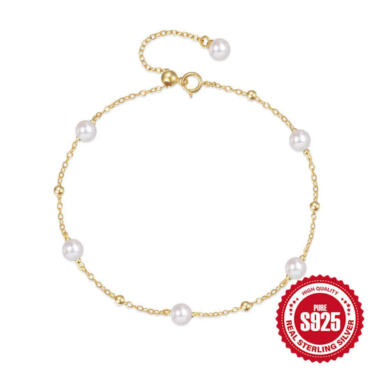European and American Fashion Simple s925 Sterling Silver Beaded Spacer Small Gold Beads/Pearl Adjustable All-match Bracelet TWINKLE QUEEN