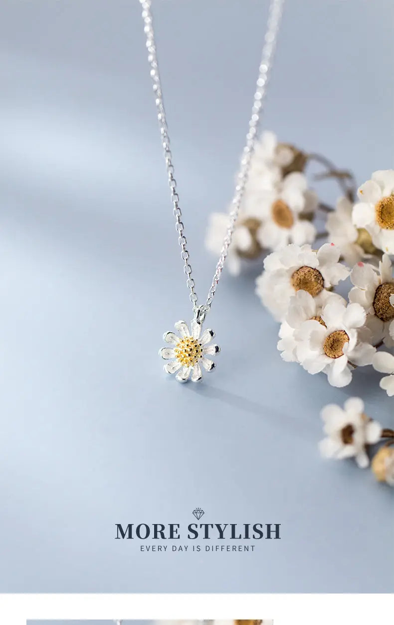 S925 Silver Necklace Female Korean Style Summer Fresh Flower Fresh Autumn Chrysanthemum Short Clavicle Chain TWINKLE QUEEN