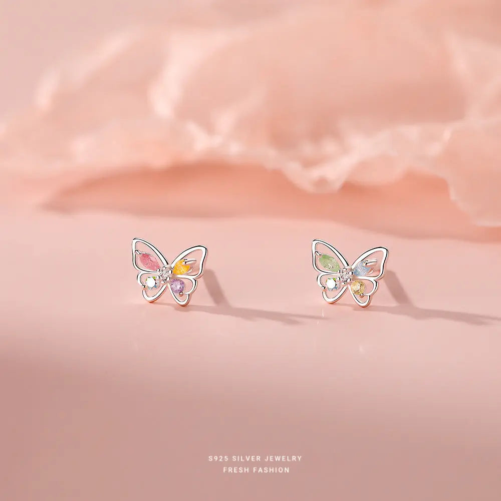 S925 Sterling Silver Flash Color Diamond Butterfly Earrings Women's Sweet ins Cute Mini Color Treasure Earrings Earrings for Hair TWINKLE QUEEN