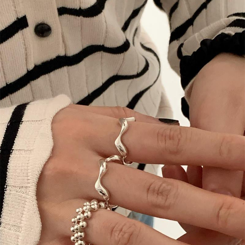 S925 Sterling Silver Wave Ring Women's ins Cold Style Stacked Open Ring Simple High-grade Index Finger Ring TWINKLE QUEEN