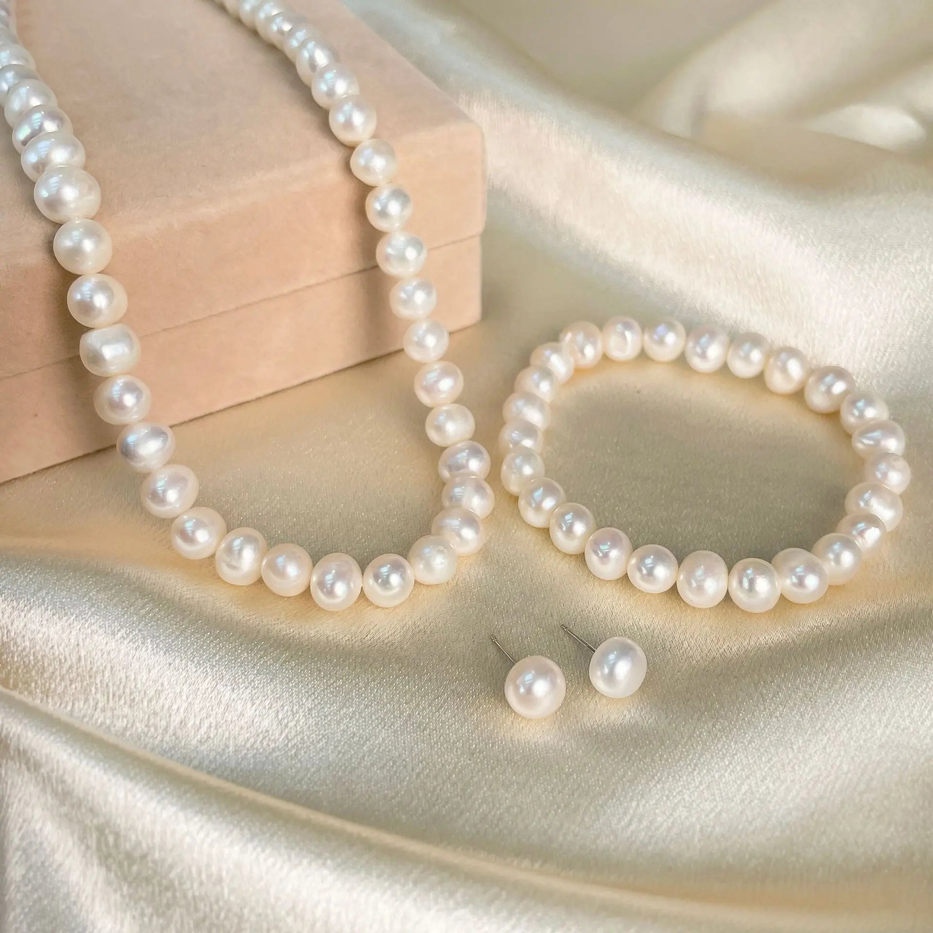 Natural Freshwater Pearl Necklace Bracelet Earring Three-Piece Set Sterling Silver  suit Mother's Day Gift TWINKLE QUEEN