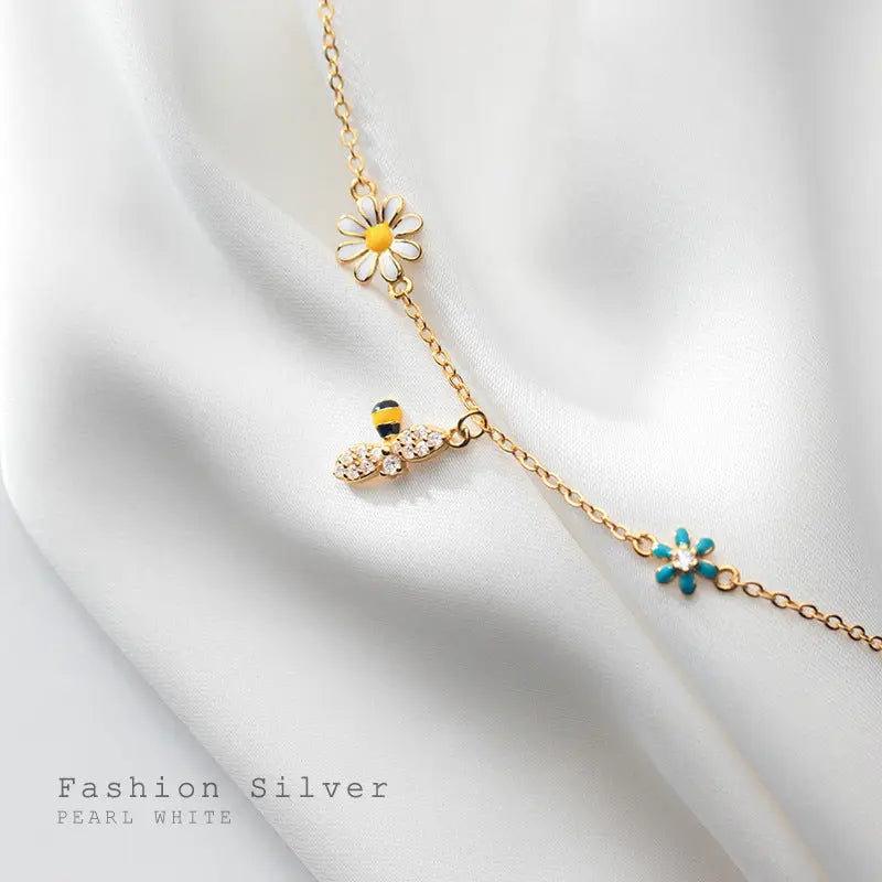 S925 Silver Mori Style Fresh Sweet Flower Bracelet Colorful Diamond Small Bee Cute Bracelet TWINKLE QUEEN