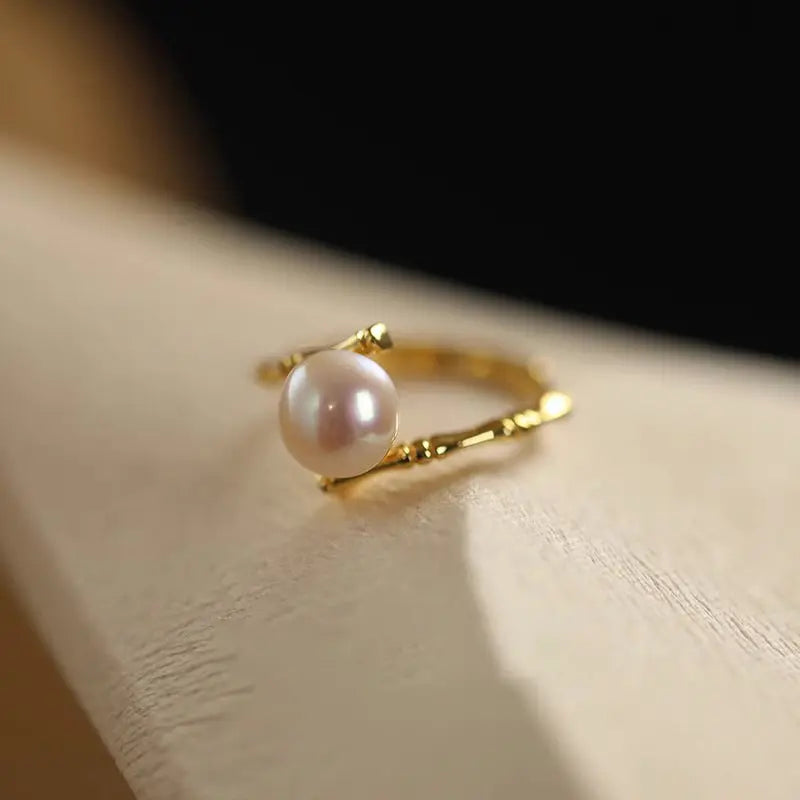S925 Sterling Silver Pearl Bamboo Ring Index Finger Female Niche Design High-grade Antique Fashion Personality Light Luxury Opening TWINKLE QUEEN