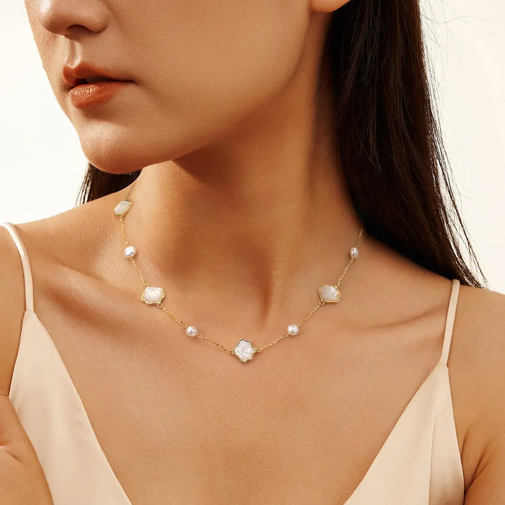 S925 Silver Necklace Ocean Summer Earring Freshwater Pearl Clavicle Chain Women's Bracelet High Sense Pearl Jewelry Set TWINKLE QUEEN