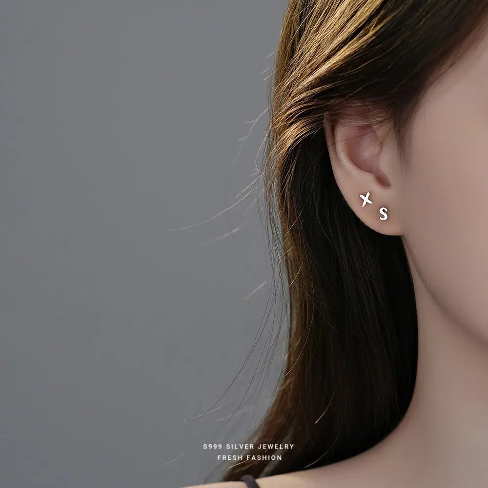 S999 Silver Plain 26 Letter Earrings ins Simple Personality All-Match Fashion Elegant DIY Sterling Silver Ear Bone Earrings TWINKLE QUEEN