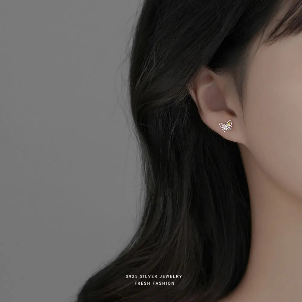 S925 Sterling Silver Flash Color Diamond Butterfly Earrings Women's Sweet ins Cute Mini Color Treasure Earrings Earrings for Hair TWINKLE QUEEN