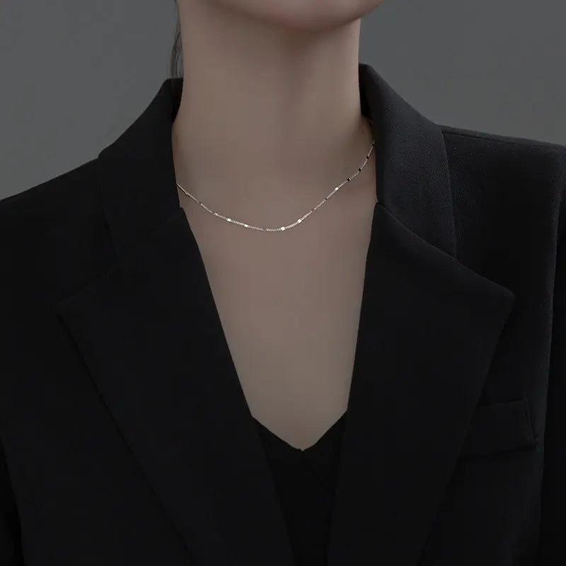 S925 Silver Necklace Female Korean Style Elegant Simple Side Chain Personality Square Piece Sweet Clavicle Chain TWINKLE QUEEN