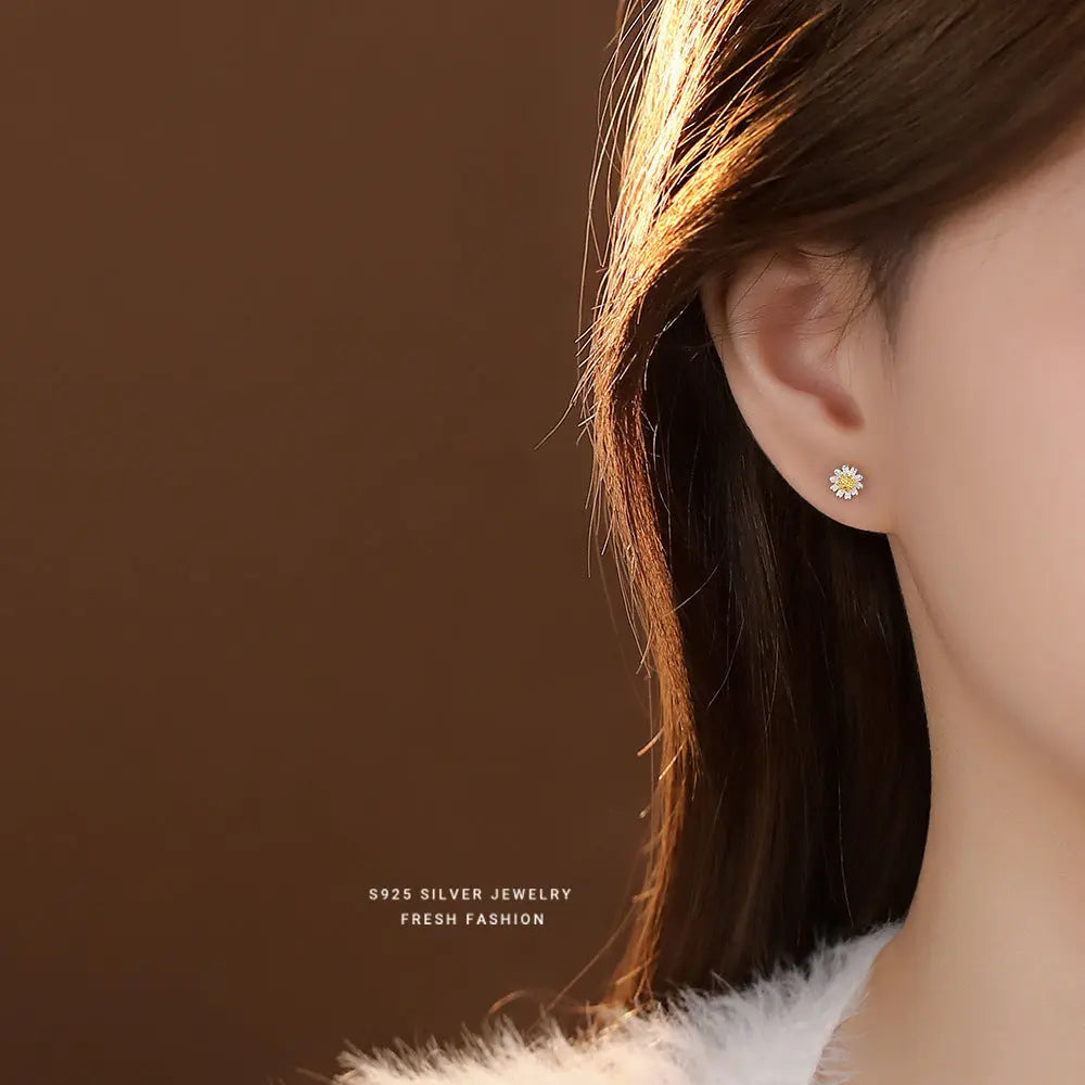 S925 Silver Necklace Earring Female Korean Style Summer Fresh Flower Fresh Autumn Chrysanthemum Short Clavicle Chain TWINKLE QUEEN