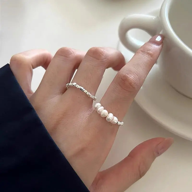 S925 sterling silver pearl ring geometric broken silver irregular design Joint ring light luxury fashion personality tail ring TWINKLE QUEEN