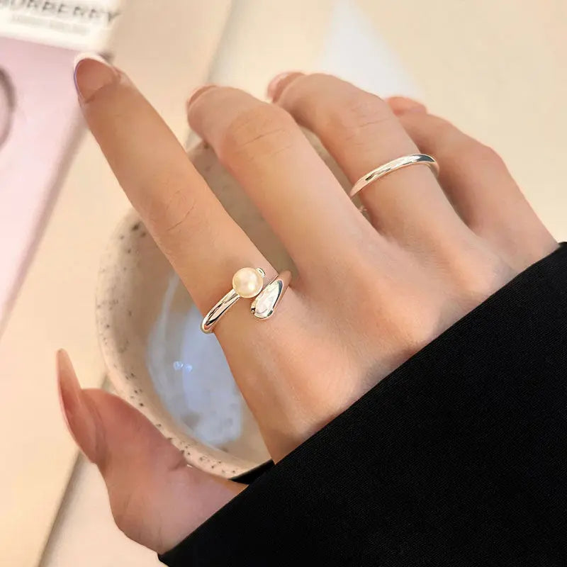 S925 Sterling Silver Freshwater Pearl Ring Women's Open Ring ins Light Luxury High-end Bright Silver Korean-style All-match Small Fresh TWINKLE QUEEN