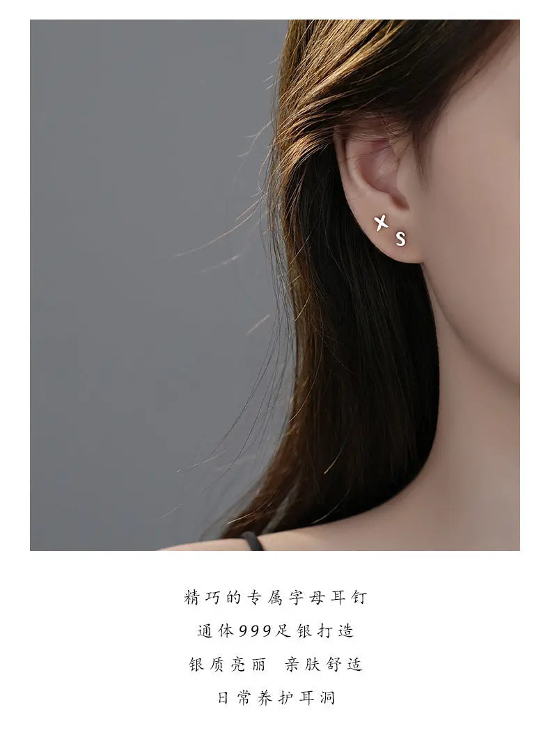 S999 Silver Plain 26 Letter Earrings ins Simple Personality All-Match Fashion Elegant DIY Sterling Silver Ear Bone Earrings TWINKLE QUEEN