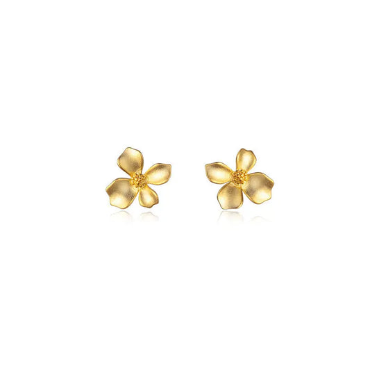 S925 Sterling Silver Vintage Light Luxury Frosted Golden Four-petal Flower Earrings for Women Korean-style Gardenia Sweet Earrings TWINKLE QUEEN
