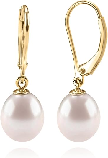 Sterling Silver/Rose Gold Leverback White Freshwater Cultured Pearl Drop Earring for Wedding Jewelry Gift for Women TWINKLE QUEEN