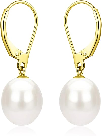 Sterling Silver/Rose Gold Leverback White Freshwater Cultured Pearl Drop Earring for Wedding Jewelry Gift for Women TWINKLE QUEEN