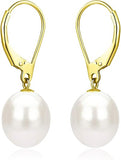 Sterling Silver/Rose Gold Leverback White Freshwater Cultured Pearl Drop Earring for Wedding Jewelry Gift for Women TWINKLE QUEEN