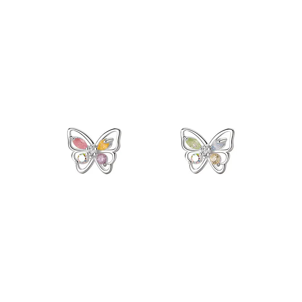 S925 Sterling Silver Flash Color Diamond Butterfly Earrings Women's Sweet ins Cute Mini Color Treasure Earrings Earrings for Hair TWINKLE QUEEN