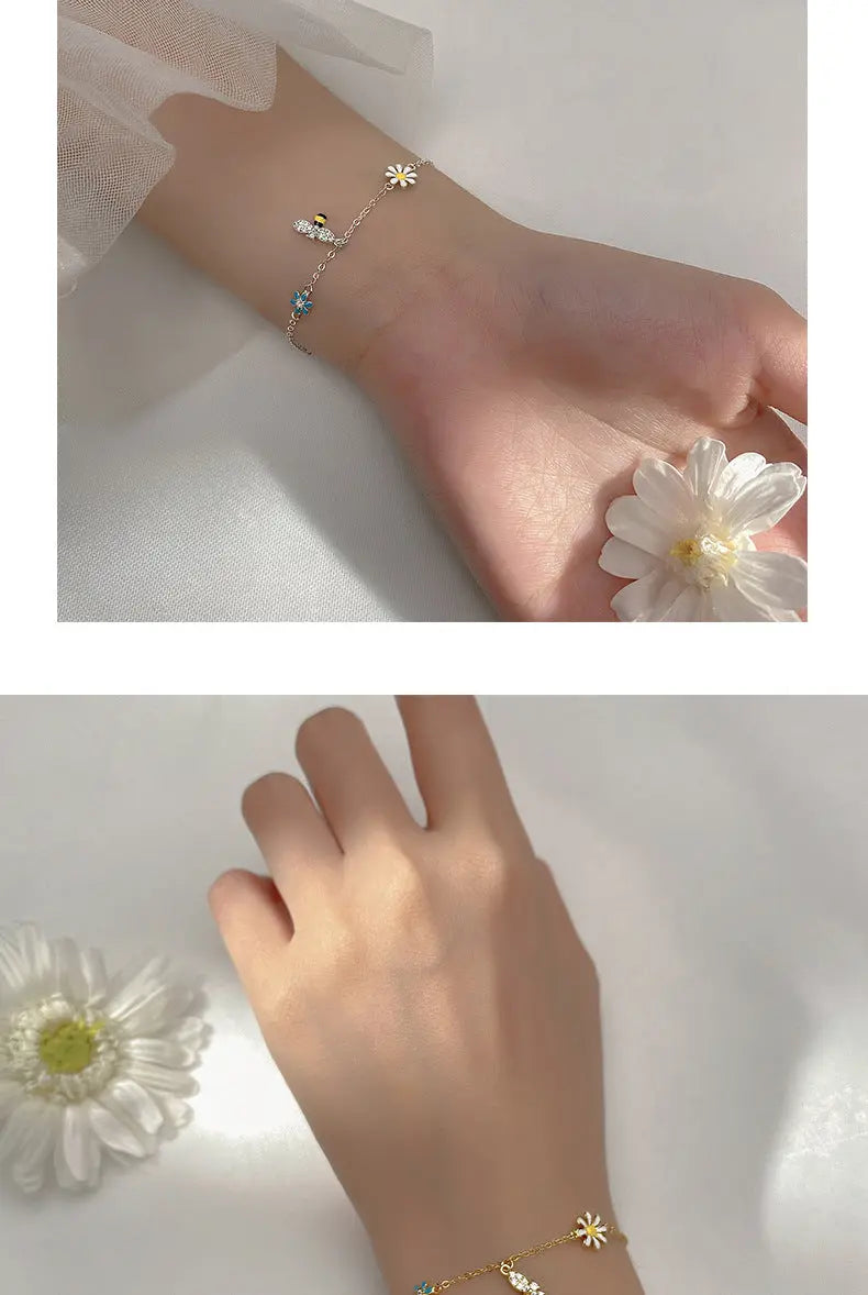 S925 Silver Mori Style Fresh Sweet Flower Bracelet Colorful Diamond Small Bee Cute Bracelet TWINKLE QUEEN