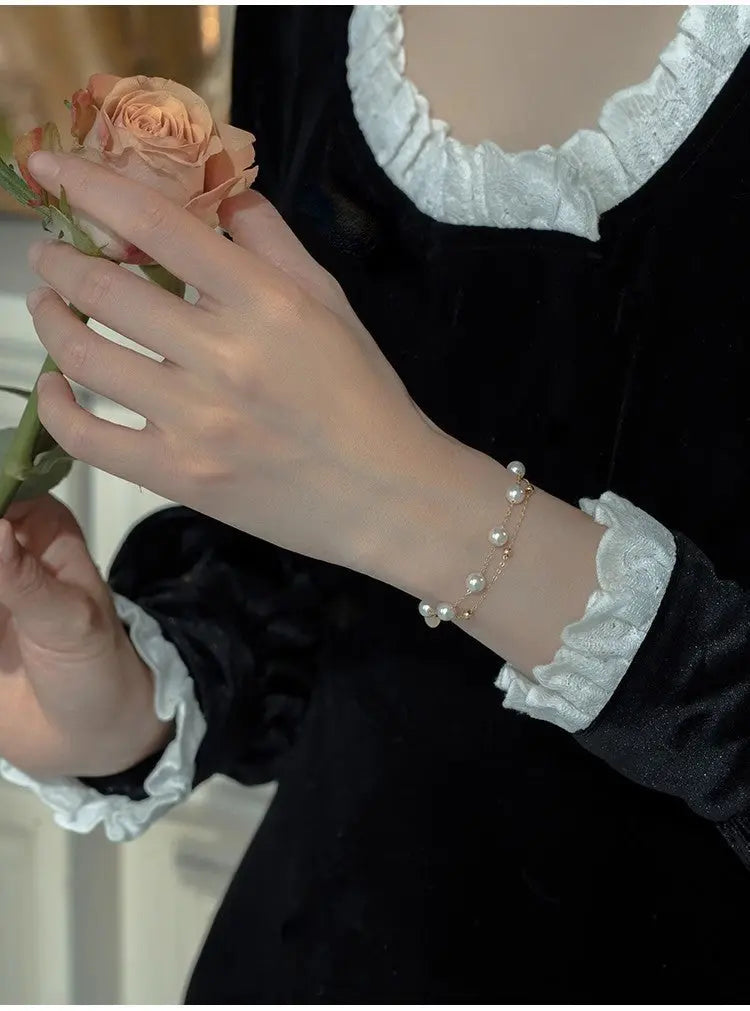 S925 Sterling Silver Jewelry Double-layer Pearl Gimmel Bracelet Women's Spring and Summer Fashion Jewelry Light Luxury High-end Color-free TWINKLE QUEEN