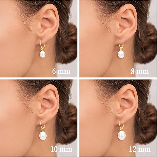 Sterling Silver/Rose Gold Leverback White Freshwater Cultured Pearl Drop Earring for Wedding Jewelry Gift for Women TWINKLE QUEEN