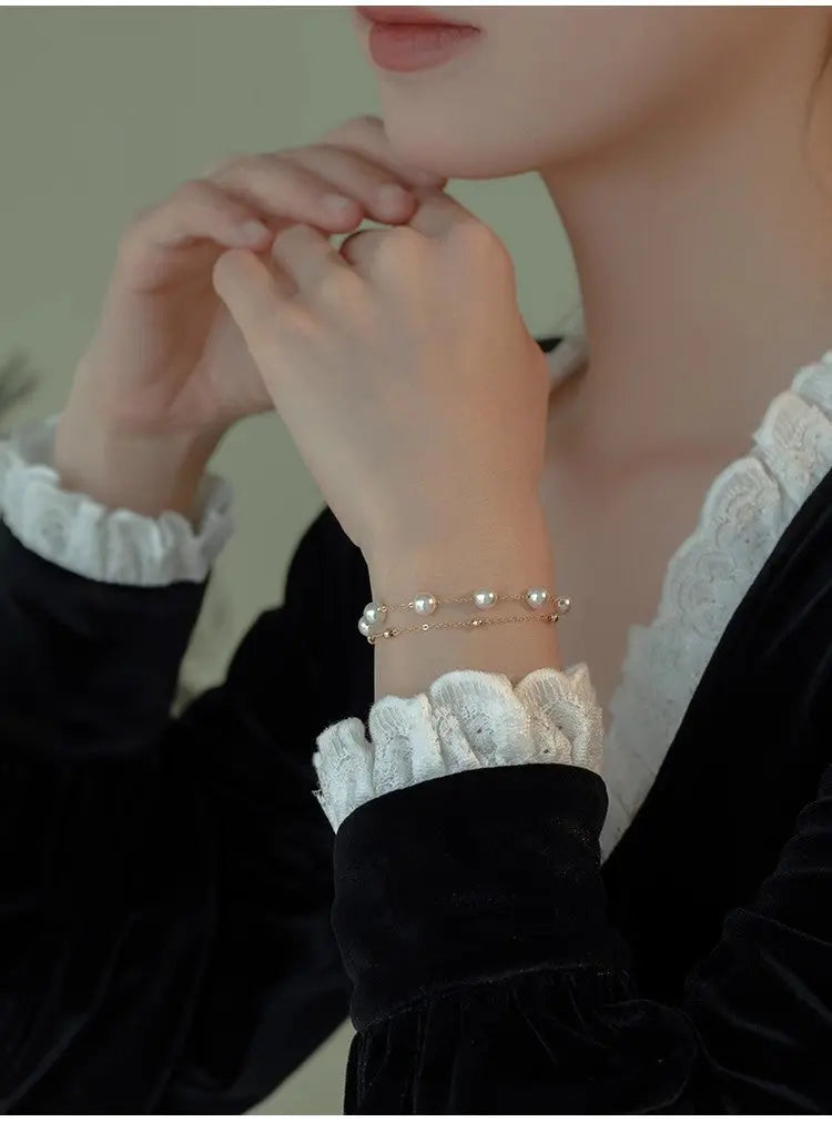 S925 Sterling Silver Jewelry Double-layer Pearl Gimmel Bracelet Women's Spring and Summer Fashion Jewelry Light Luxury High-end Color-free TWINKLE QUEEN