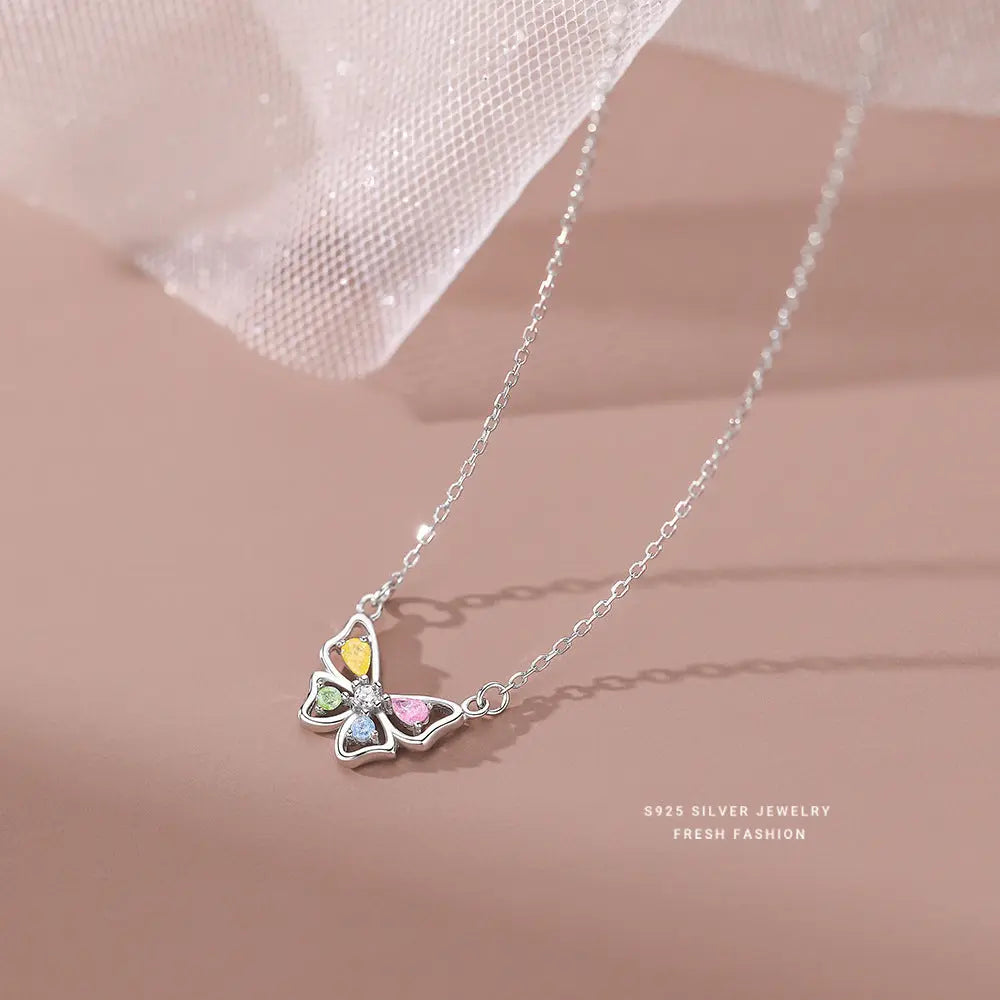 S925 Sterling Silver Flash Color Diamond Butterfly Earrings Women's Sweet ins Cute Mini Color Treasure Earrings Earrings for Hair TWINKLE QUEEN