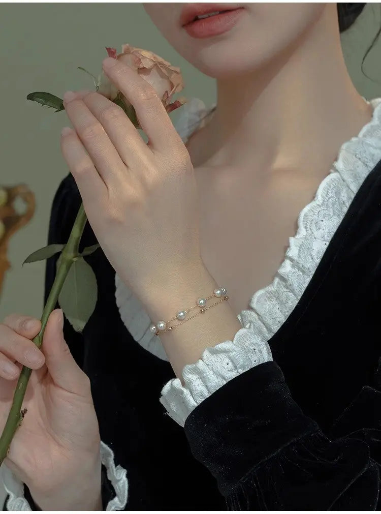 S925 Sterling Silver Jewelry Double-layer Pearl Gimmel Bracelet Women's Spring and Summer Fashion Jewelry Light Luxury High-end Color-free TWINKLE QUEEN