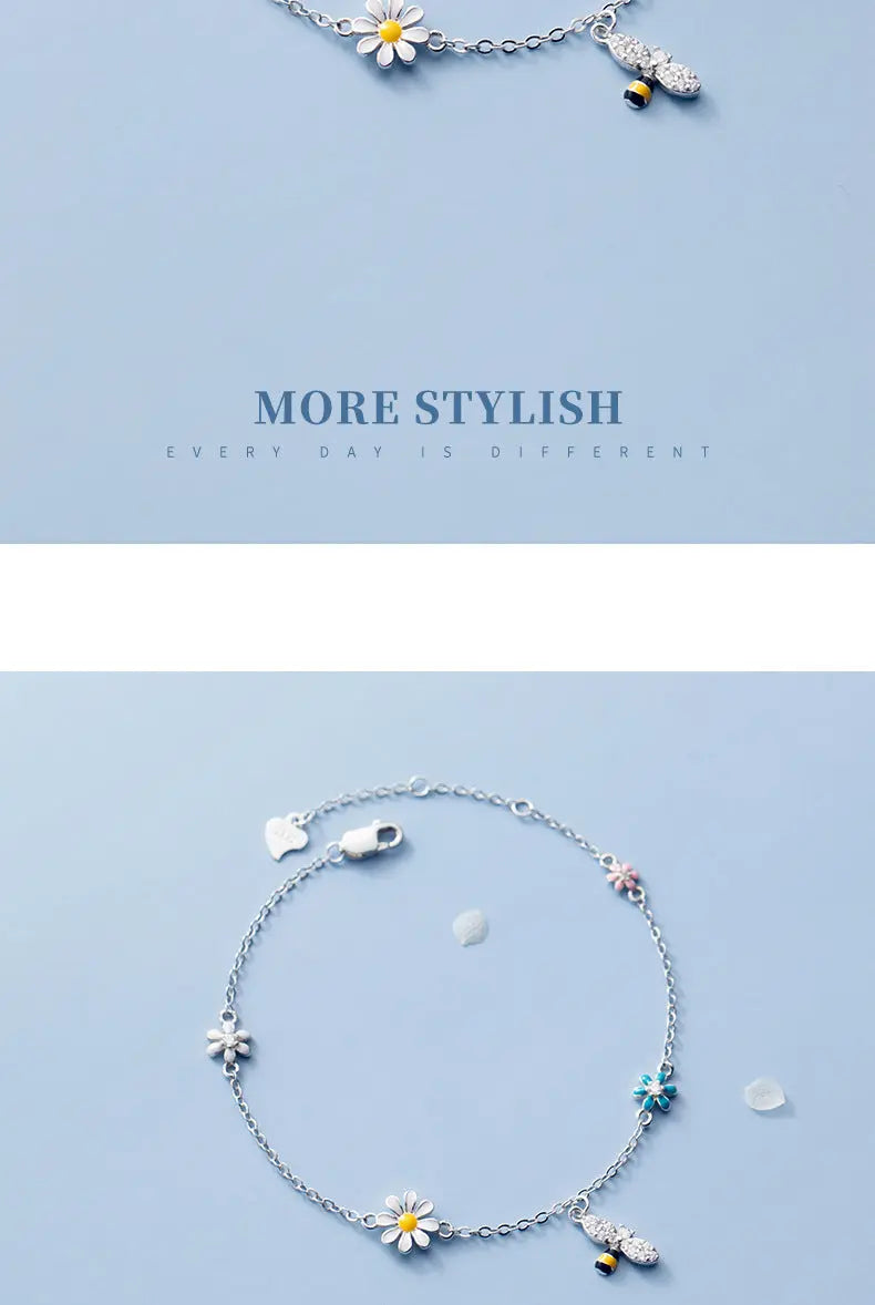 S925 Silver Mori Style Fresh Sweet Flower Bracelet Colorful Diamond Small Bee Cute Bracelet TWINKLE QUEEN