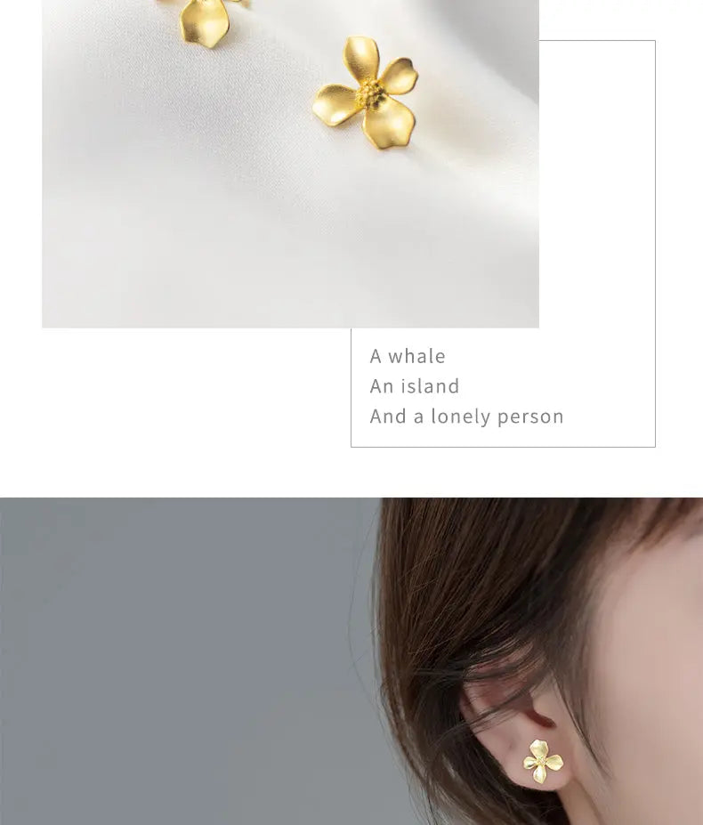 S925 Sterling Silver Vintage Light Luxury Frosted Golden Four-petal Flower Earrings for Women Korean-style Gardenia Sweet Earrings TWINKLE QUEEN
