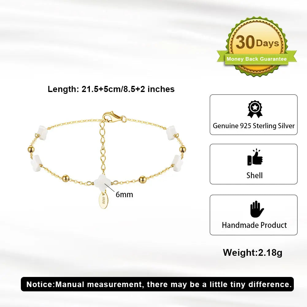 Natural Shell 14K Gold Plated 925 Sterling Silver Four-leaf Clover Anklet TQ