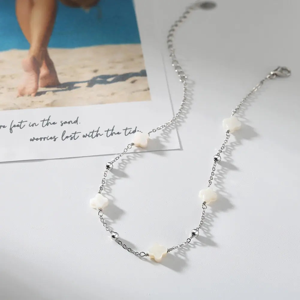 Natural Shell 14K Gold Plated 925 Sterling Silver Four-leaf Clover Anklet TQ