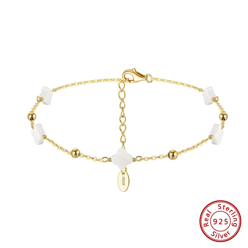 Natural Shell 14K Gold Plated 925 Sterling Silver Four-leaf Clover Anklet TQ