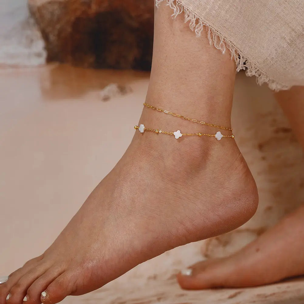 Natural Shell 14K Gold Plated 925 Sterling Silver Four-leaf Clover Anklet TQ