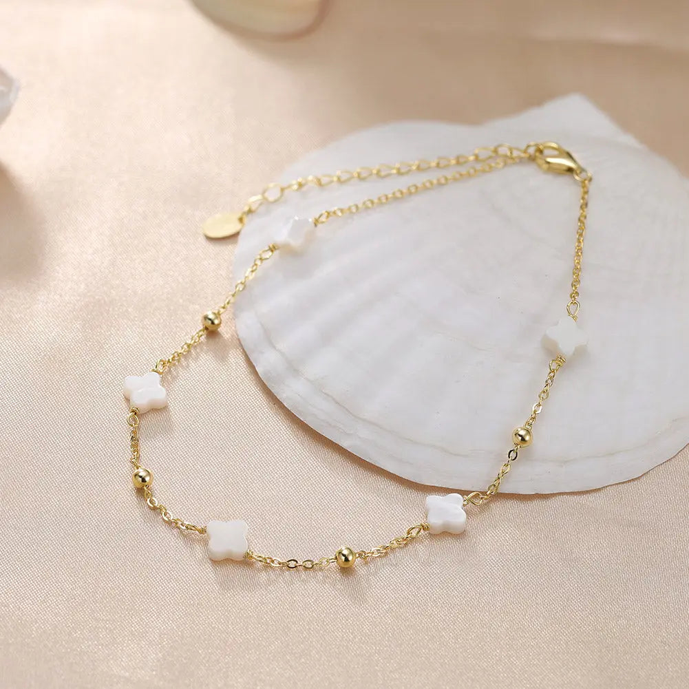 Natural Shell 14K Gold Plated 925 Sterling Silver Four-leaf Clover Anklet TQ